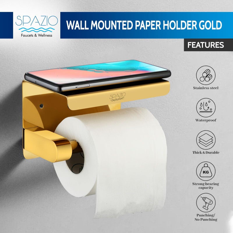 SPAZIO Stainless Steel Gold Toilet Paper Holder/Tissue Dispenser/Paper Holder with Mobile Stand for Bathroom (Wall Mount Installation) - Image 3
