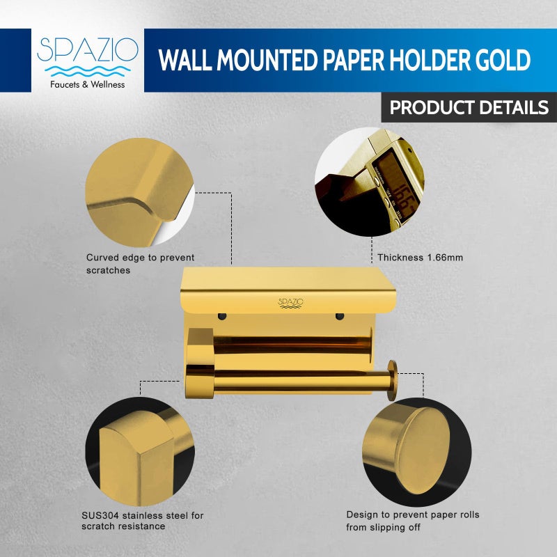 SPAZIO Stainless Steel Gold Toilet Paper Holder/Tissue Dispenser/Paper Holder with Mobile Stand for Bathroom (Wall Mount Installation) - Image 4