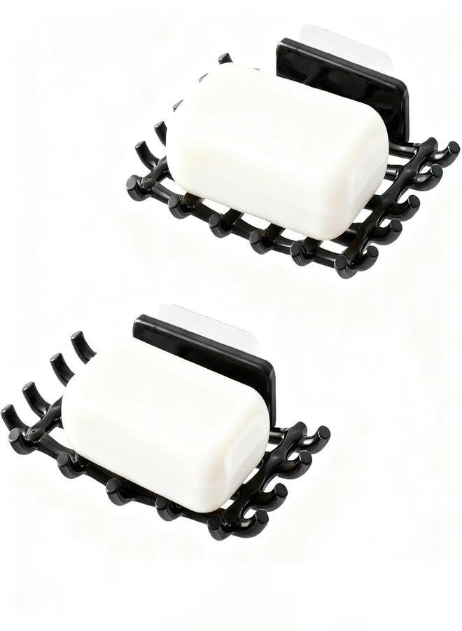 EOREA 2 Pack Black Soap Bar Holder for Shower Wall - Self Draining Soap Dish with Hooks - No Drilling Waterproof Adhesive Wall Mounted Dish for Bathtub Kitchen Sink (Black) - Image 1