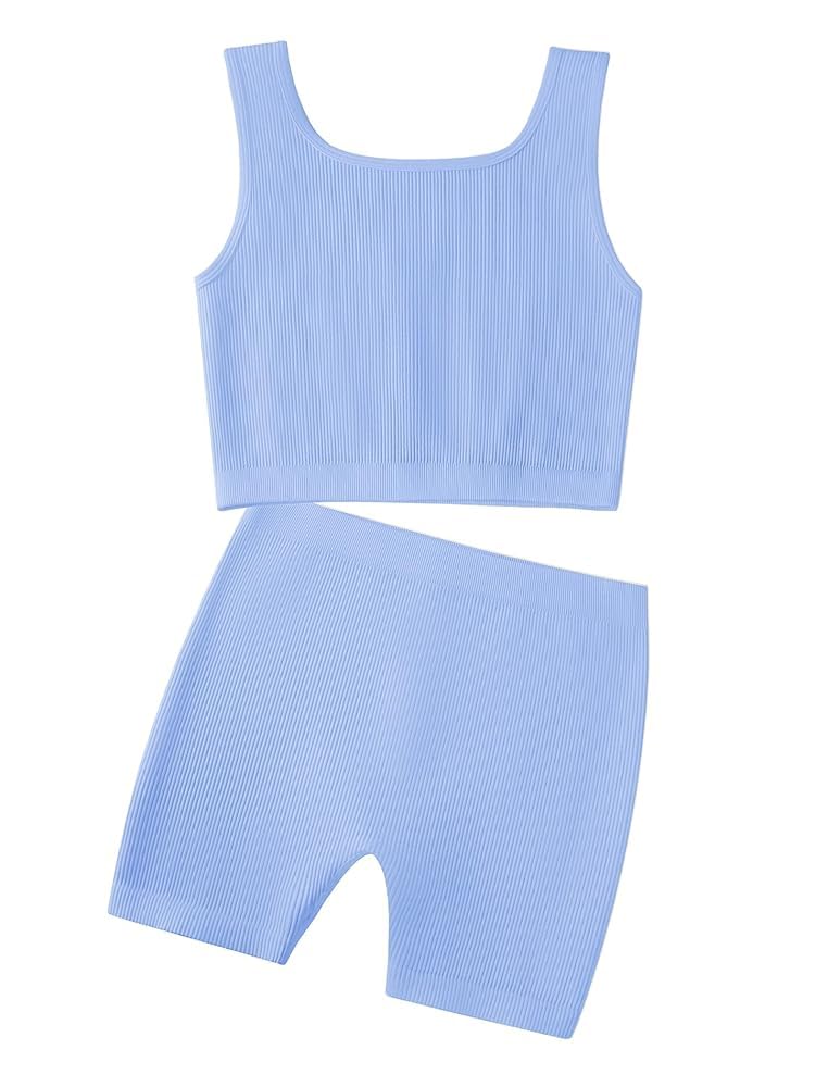 EXARUS Girls 2 Piece Outfits Workout Set Tank Tops and Athletic Shorts Seamless Ribbed Crew Neck Kids Summer Blue 10Y