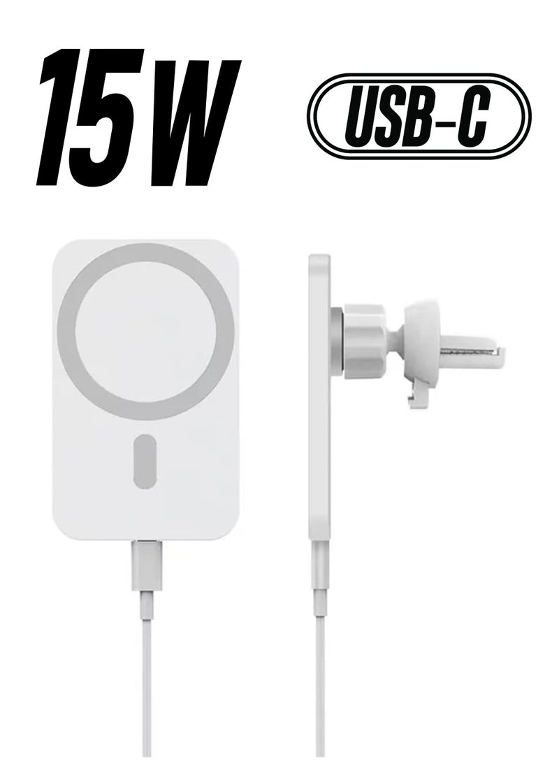 PROMASS - A.S Qi15W Magnetic car Wireless Charger Charging Pad Phone Holder Magnet compatible For iphone14 13 12 magsafe 15W Fast Car Wireless Charger. (White) - Image 1