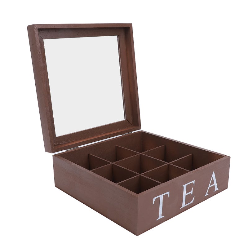 Wooden Tea Storage Organizer with Clear Acrylic Top Window 9 Compartments Eco Friendly Tea Bag Holder Multi Functional Storage Box Brown - Image 2
