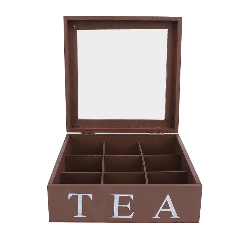 Wooden Tea Storage Organizer with Clear Acrylic Top Window 9 Compartments Eco Friendly Tea Bag Holder Multi Functional Storage Box Brown - Image 1