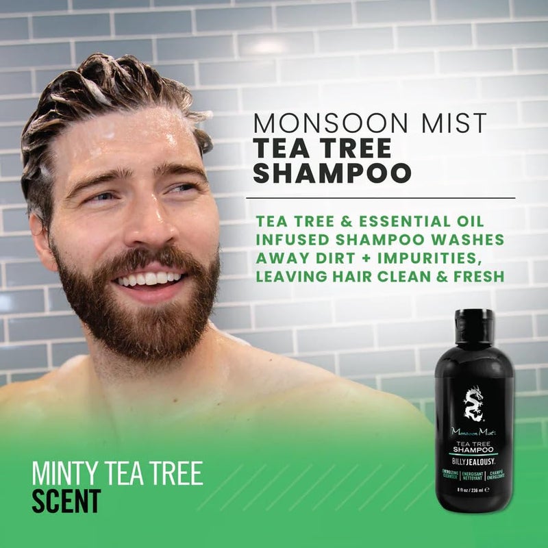 Billy Jealousy Monsoon Mist Tea Tree Energizing Men's Shampoo with Peppermint & Rosemary, Removes Oil Build-up and Soothes Scalp Itch & Irritation, 8 Oz. - Image 4