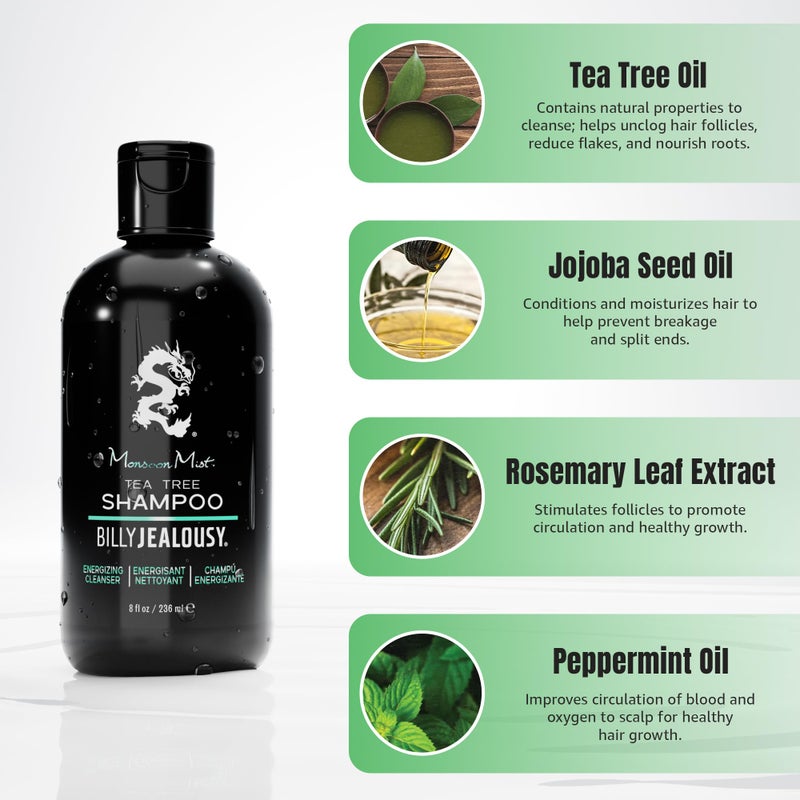 Billy Jealousy Monsoon Mist Tea Tree Energizing Men's Shampoo with Peppermint & Rosemary, Removes Oil Build-up and Soothes Scalp Itch & Irritation, 8 Oz. - Image 2