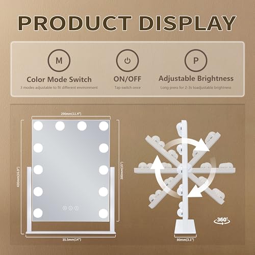 NUSVAN Vanity Makeup Mirror with Lights,3 Color Lighting Modes Detachable 10X Magnification Mirror Touch Control,360°Rotation, White (14.6Inch) - Image 4