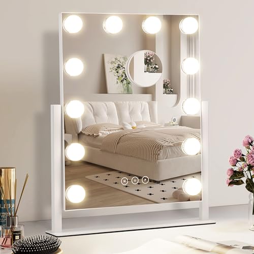 NUSVAN Vanity Makeup Mirror with Lights,3 Color Lighting Modes Detachable 10X Magnification Mirror Touch Control,360°Rotation, White (14.6Inch) - Image 1