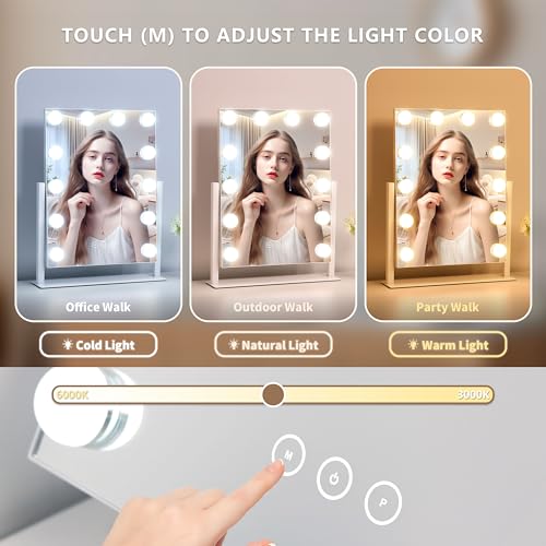 NUSVAN Vanity Makeup Mirror with Lights,3 Color Lighting Modes Detachable 10X Magnification Mirror Touch Control,360°Rotation, White (14.6Inch) - Image 2