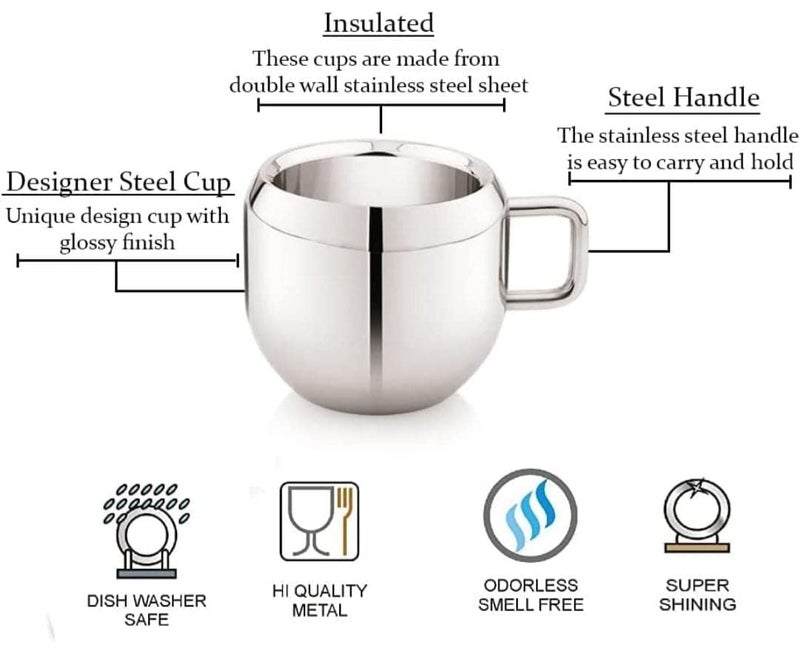 VISAXMI Stainless Steel Tea Cup Set of 6 80ml Double Wall Tea Cup Latest Stylish Design Tea Coffee Cup Pack of 6 Silver - Image 2