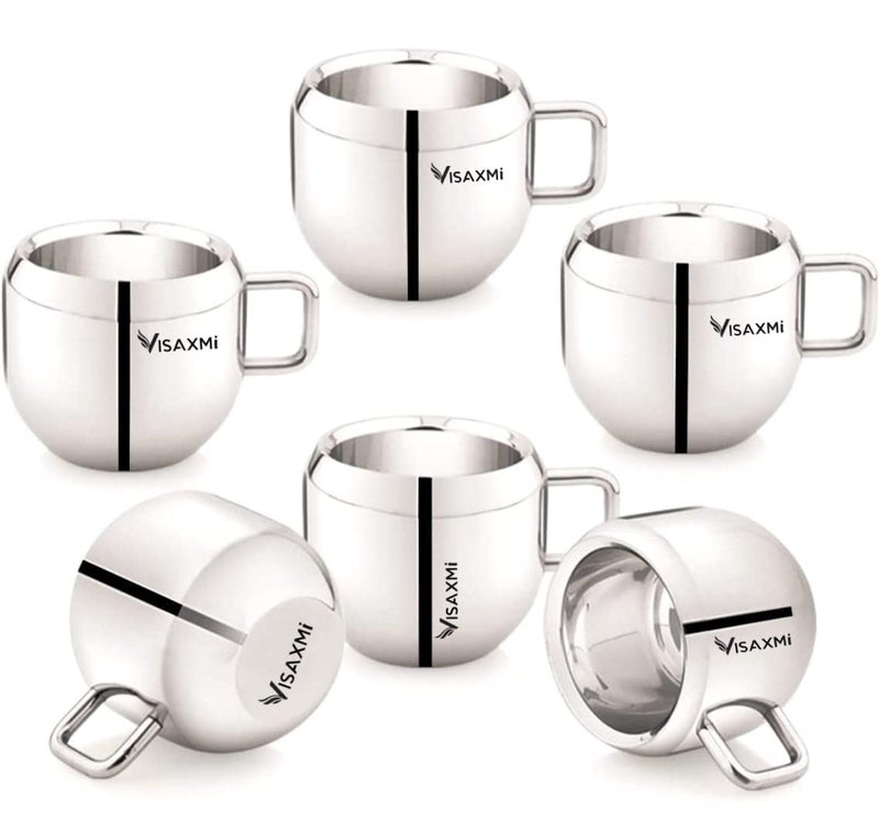 VISAXMI Stainless Steel Tea Cup Set of 6 80ml Double Wall Tea Cup Latest Stylish Design Tea Coffee Cup Pack of 6 Silver - Image 1