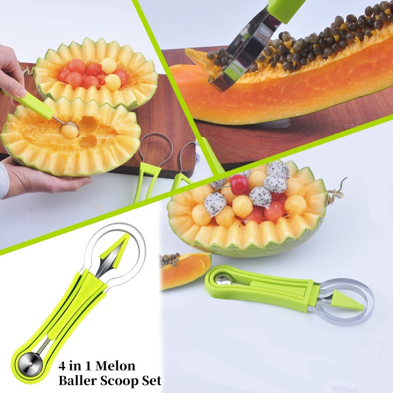 Daoeny 5Pcs Melon Baller Scoop Set, 4 in 1 Stainless Steel Fruit Scooper Seed Remover Cutter, Double Sided Melon Baller Spoon, Avocado Cutter, Watermelon Carving Knife for Dig Pulp Separator Fruit Slicer - Image 2