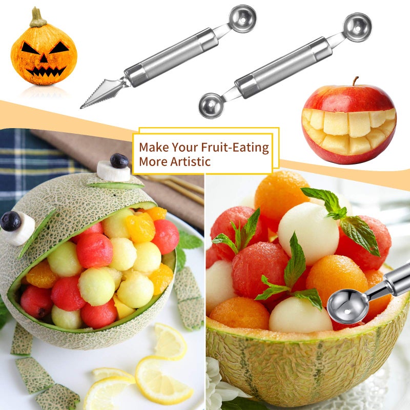Daoeny 5Pcs Melon Baller Scoop Set, 4 in 1 Stainless Steel Fruit Scooper Seed Remover Cutter, Double Sided Melon Baller Spoon, Avocado Cutter, Watermelon Carving Knife for Dig Pulp Separator Fruit Slicer - Image 5