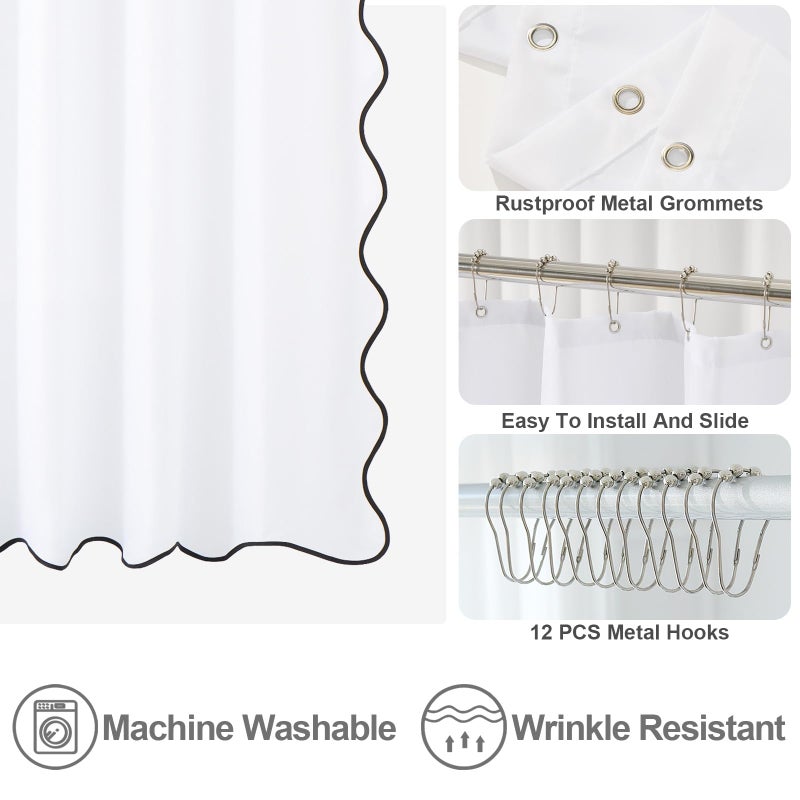 ORTIGIA White Shower Curtain with Black Scalloped Edge 72 W x 84 H Inch  Cute Boho Preppy Scallop Shower Curtains Aesthetic Waterproof Fabric Shabby Chic Bath Bathroom Decor with Metal Hook - Image 4