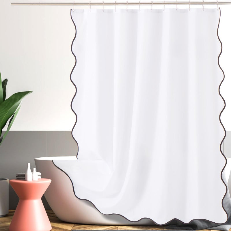 ORTIGIA White Shower Curtain with Black Scalloped Edge 72 W x 84 H Inch  Cute Boho Preppy Scallop Shower Curtains Aesthetic Waterproof Fabric Shabby Chic Bath Bathroom Decor with Metal Hook - Image 1