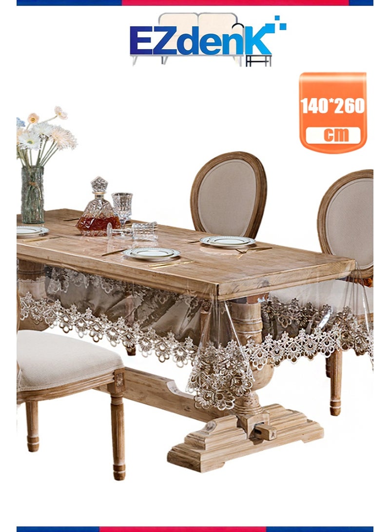 EZdenK 140*260cm Vinyl PVC Rectangle Tablecloth Waterproof Clear Table Cover with Champagne Lace Macrame Border for Wedding Kitchen Home Outdoor Indoor Holidays Party Decor (Champagne) - Image 1