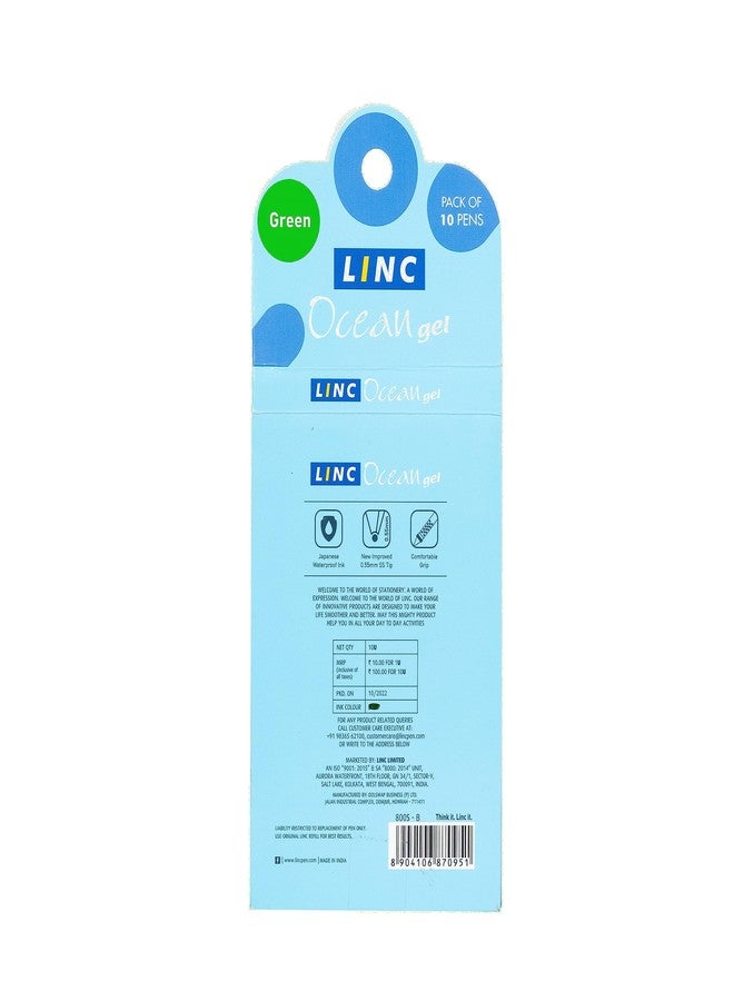Linc Ocean Classic 0.55mm Gel Pen | Green Ink | Set Of 10 - Image 2