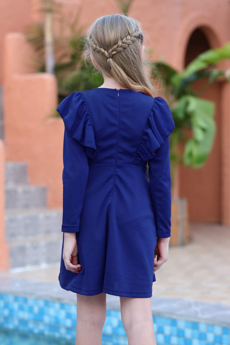 GORLYA Girl's Long Sleeve Ruffle Trim A-Line Swing Flared Skater Party Dress with Pockets for 14 Years Kids (GOR1019, 13-14Y, Blue) - Image 2