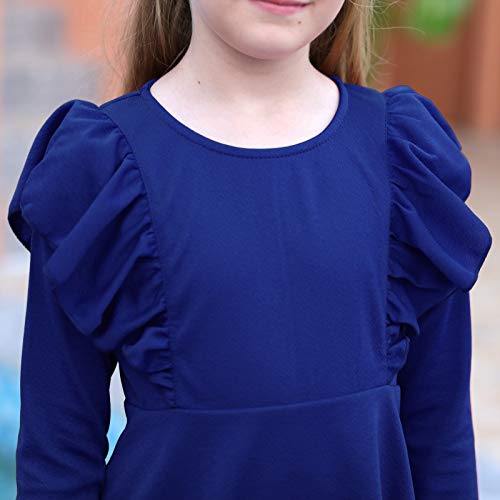 GORLYA Girl's Long Sleeve Ruffle Trim A-Line Swing Flared Skater Party Dress with Pockets for 14 Years Kids (GOR1019, 13-14Y, Blue) - Image 5