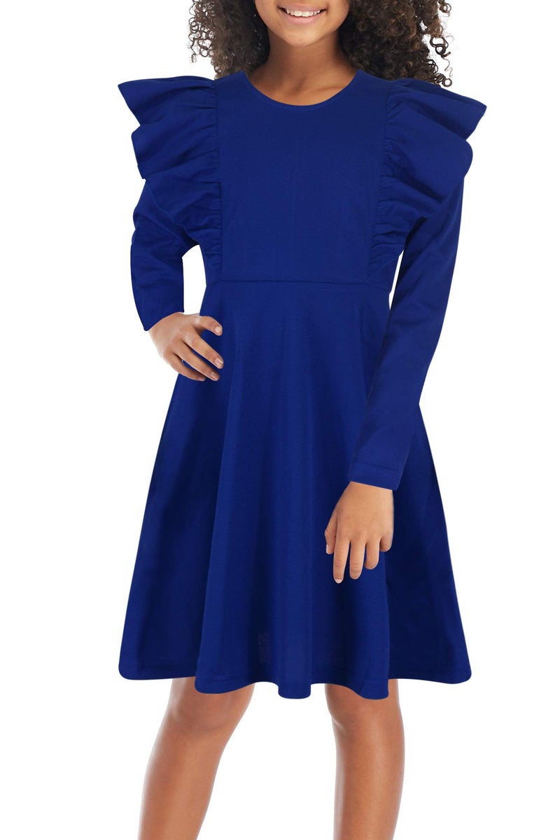 GORLYA Girl's Long Sleeve Ruffle Trim A-Line Swing Flared Skater Party Dress with Pockets for 14 Years Kids (GOR1019, 13-14Y, Blue) - Image 1