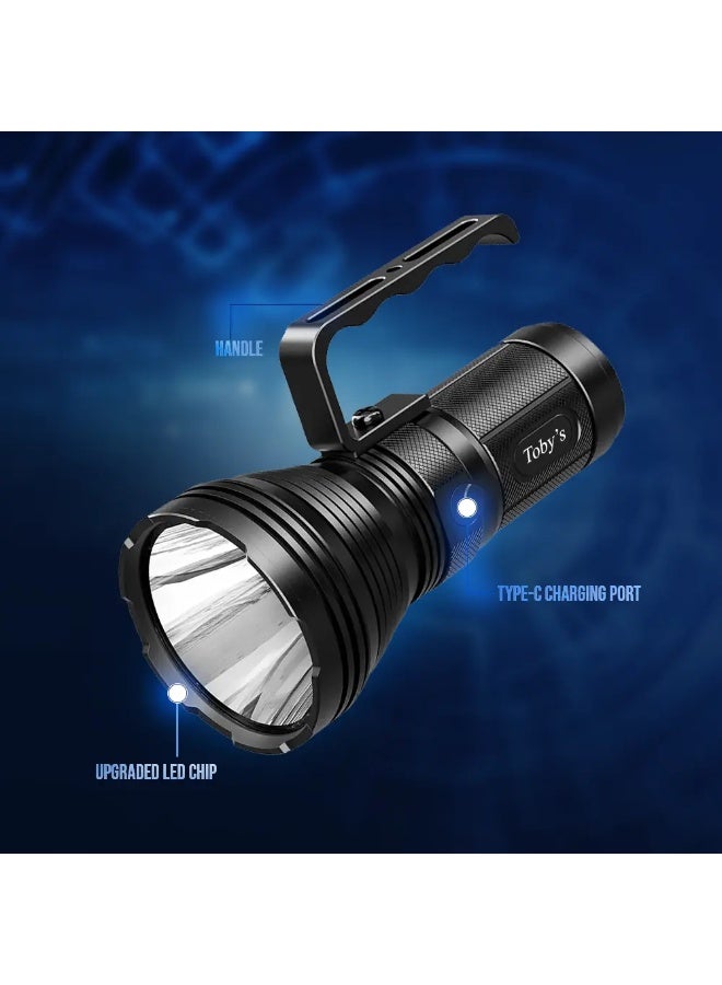 توبيز مصباح يدوي Toby's TORCH-120 عالي الطاقة 50 وات بمدى 760 مترًا، سطوع 5000 لومن، قابل لإعادة الشحن عبر USB ومقاوم للماء، مزود بنظام SOS للطوارئ، ومقبض مقبض - TORCH 120 - Image 4