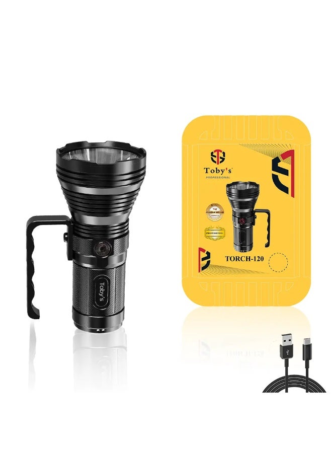 توبيز مصباح يدوي Toby's TORCH-120 عالي الطاقة 50 وات بمدى 760 مترًا، سطوع 5000 لومن، قابل لإعادة الشحن عبر USB ومقاوم للماء، مزود بنظام SOS للطوارئ، ومقبض مقبض - TORCH 120 - Image 1