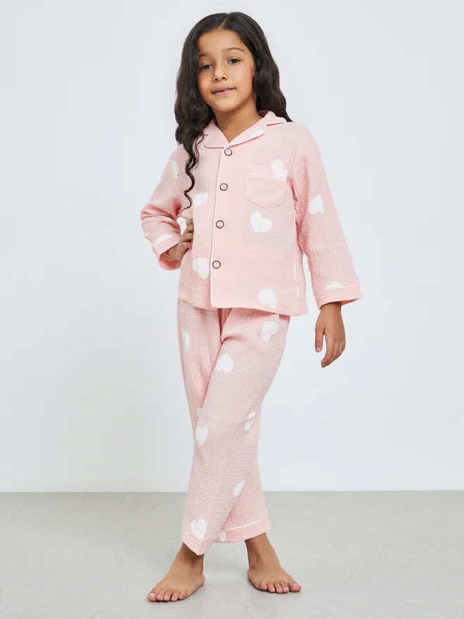 Styli Girls Heart Print Shirt And Pyjama Set