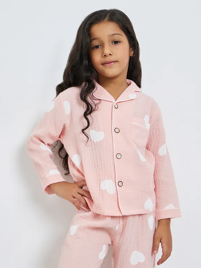 Styli Girls Heart Print Shirt And Pyjama Set