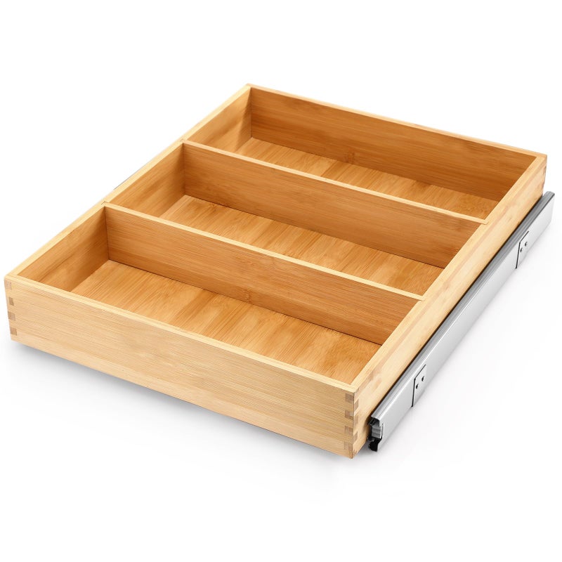 Fabsome Pull Out Cabinet Drawer Organizer for Kitchen Sliding Bamboo Wood Storage Rack Organization Gliding Cupboard Shelf for Pantry Slide Out Spice Rack Container Lid Organizer 18W x 21D