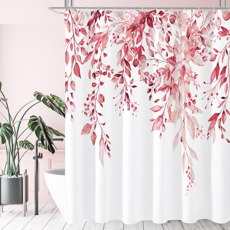Gibelle Pink Eucalyptus Shower Curtain Watercolor Plant Leaves with Floral Bathroom Shower Curtain Set with Hooks 72x72