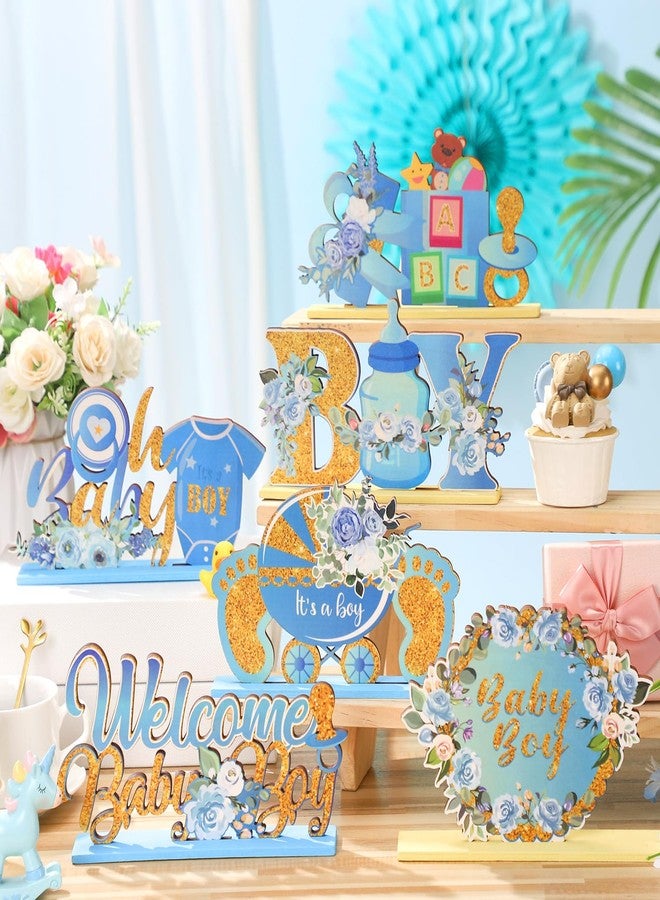 DoubleFill مجموعة دبل فيل المكونة من 6 قطع لتزيين طاولة حفل استقبال المولود الجديد باللون الأزرق، زينة خشبية لتحديد جنس المولود، مستلزمات حفلات استقبال المولود الجديد، مستلزمات حفلات عيد ميلاد الأولاد - Image 3