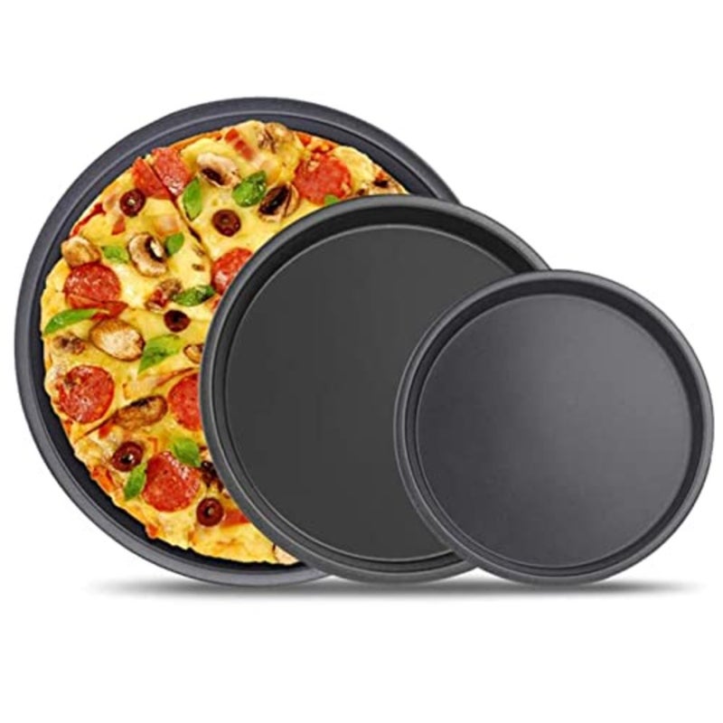 Round Pizza Tray, 3 Pcs Pizza Bakeware Set, Carbon Steel Non-Stick Coating for Oven Baking, Deep Dish Pie Pans, for Kitchen, Party, Commercial, Dishwasher Safe - Image 1