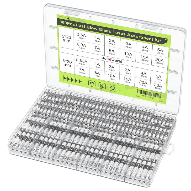 Joinfworld 360Pcs Fast Blow Glass Fuse Assortment Kit 24 Values Automotive Fuses Kit 250V 05A 063A 1A 2A 3A 4A 5A 63A 7A 8A 10A 15A 20A 25A 5x20mm 6x30mm Glass Fuses