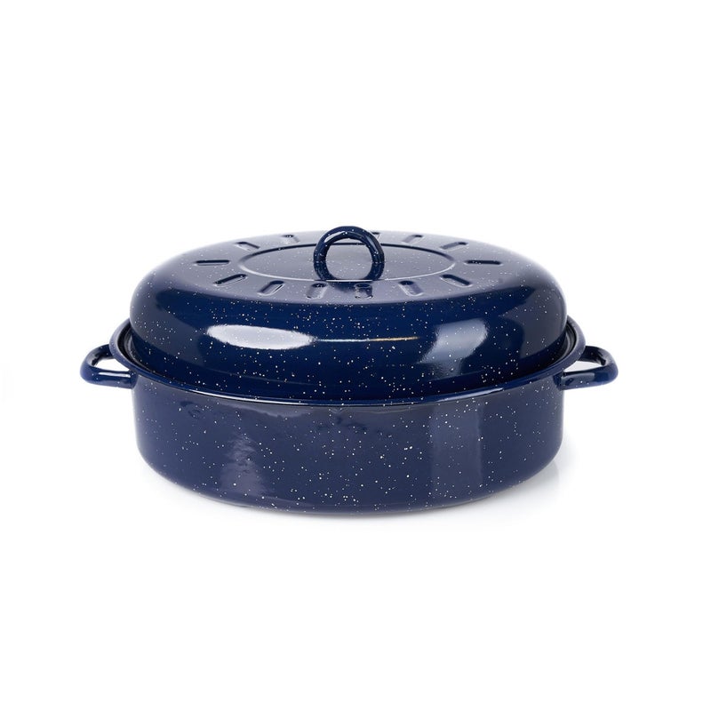 Imusa IMUSA USA 18 Traditional Vintage Style Blue Speckled Enamel on Steel Covered Oval Roaster 