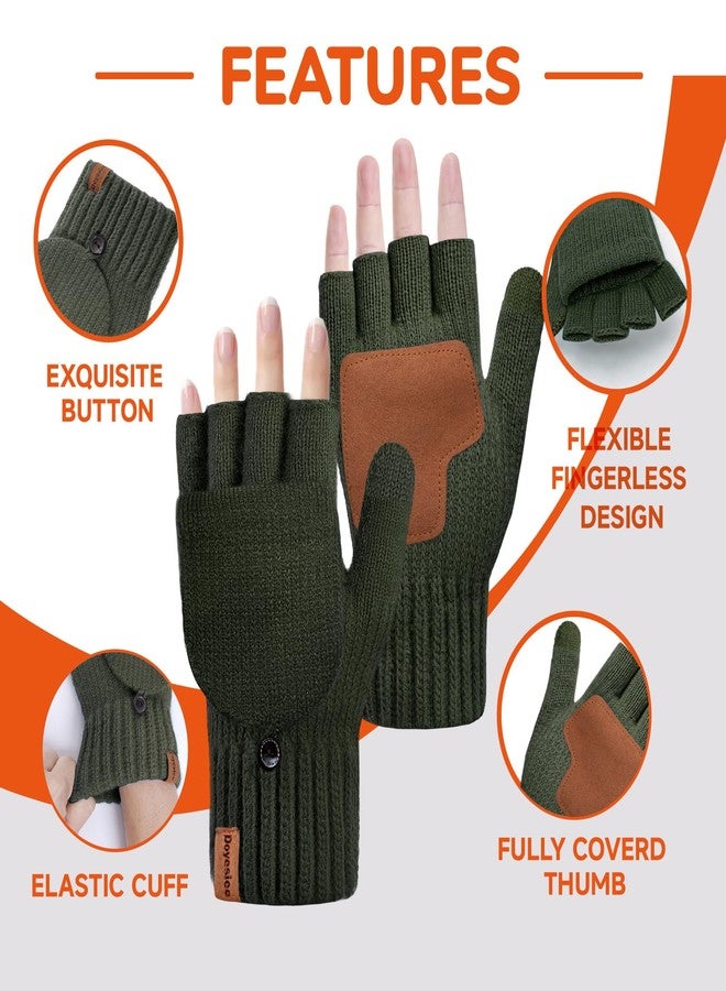 Doyesiee Winter Fingerless Gloves for Women Men Warm Knitted Convertible Mittens With Finger Flaps Fleece Women's Mittens, Army Green, One size - Image 5