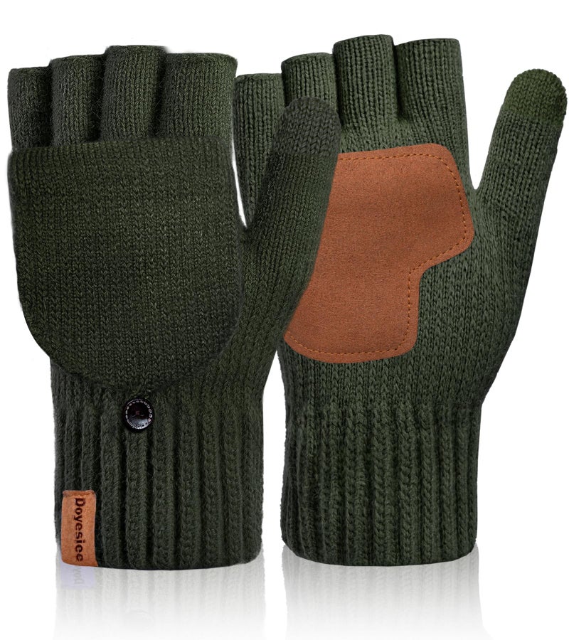 Doyesiee Winter Fingerless Gloves for Women Men Warm Knitted Convertible Mittens With Finger Flaps Fleece Women's Mittens, Army Green, One size - Image 1