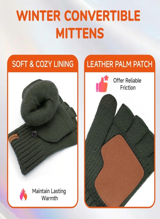 Doyesiee Winter Fingerless Gloves for Women Men Warm Knitted Convertible Mittens With Finger Flaps Fleece Women's Mittens, Army Green, One size - Image 4