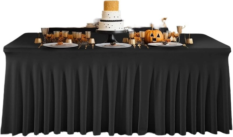 Table Skirt Rectangular Polyester Elastic Tablecloth Cover Wavy Table Skirt Wedding Banquet Birthday Party Table Decor(Black,6FT(183x76x76cm)) - Image 1