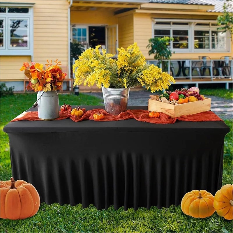 Table Skirt Rectangular Polyester Elastic Tablecloth Cover Wavy Table Skirt Wedding Banquet Birthday Party Table Decor(Black,6FT(183x76x76cm)) - Image 4