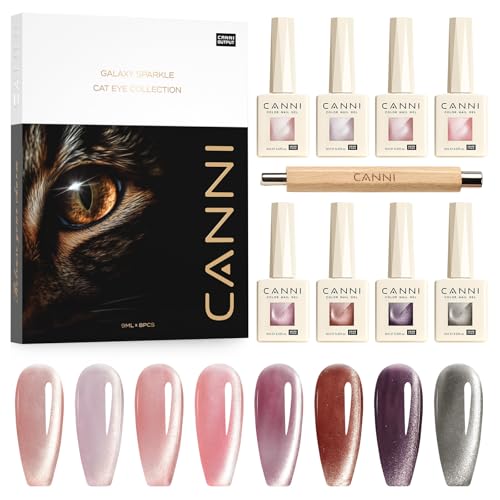CANNI 8 Pcs 9 ML Cat Eye Gel Nail Polish Set Jelly Pink Red Purple Glitter Holographic Cat Eye Gel Polish Kit with Magnet Shimmer Colors Soak Off Led Manicure Salon DIY Gifts - Image 1