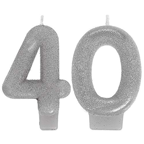 Amscan Sparkling Celebration 40th Silver Numeral Candles - 3" (Pack of 2) - Vibrant & Eye-Catching Design - Ideal Party Accessory - Image 1