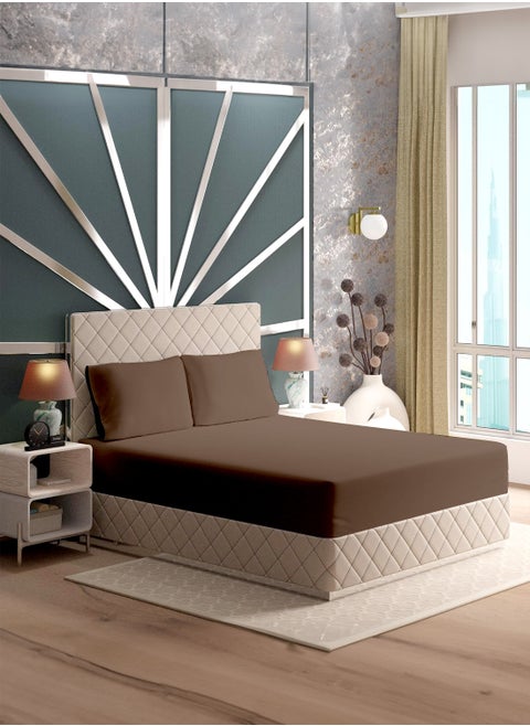 King Plain Fitted Elastic Bedsheet with 2 Pillow Case 200 x 200 Cm Coffee Brown