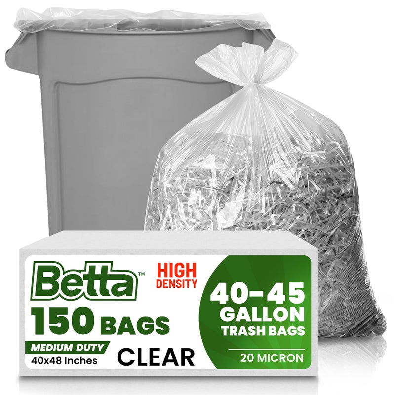 Betta 40-45 Gallon Clear High-Density Trash Bags, 150 Count Box, (40x48-inch) Commercial Medium-Duty Garbage Can Liners - Image 1