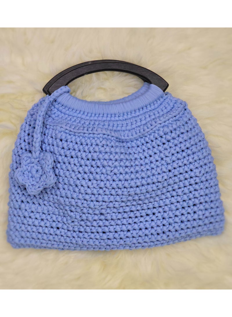 RandSac Sky Blue Crochet Handbag with Black Wooden Handles and Tassel Accent - Image 1