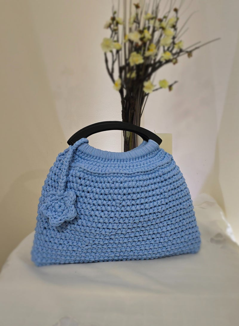 RandSac Sky Blue Crochet Handbag with Black Wooden Handles and Tassel Accent - Image 2
