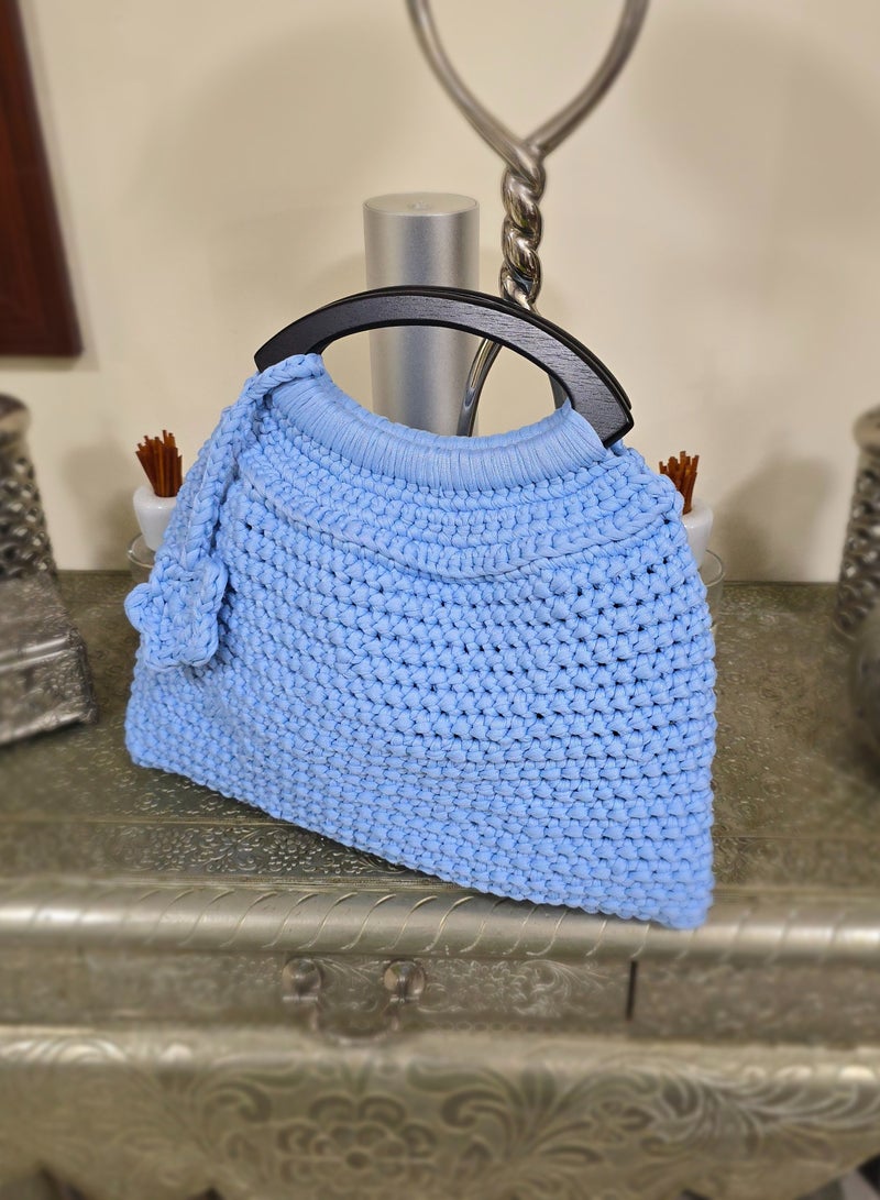 RandSac Sky Blue Crochet Handbag with Black Wooden Handles and Tassel Accent - Image 3