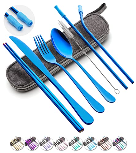 Travel Utensils Set with Case Reusable Portable Cutlery Set Stainless Steel 8pcs Including Dinner Knife Fork Spoon Chopsticks strawsBlue
