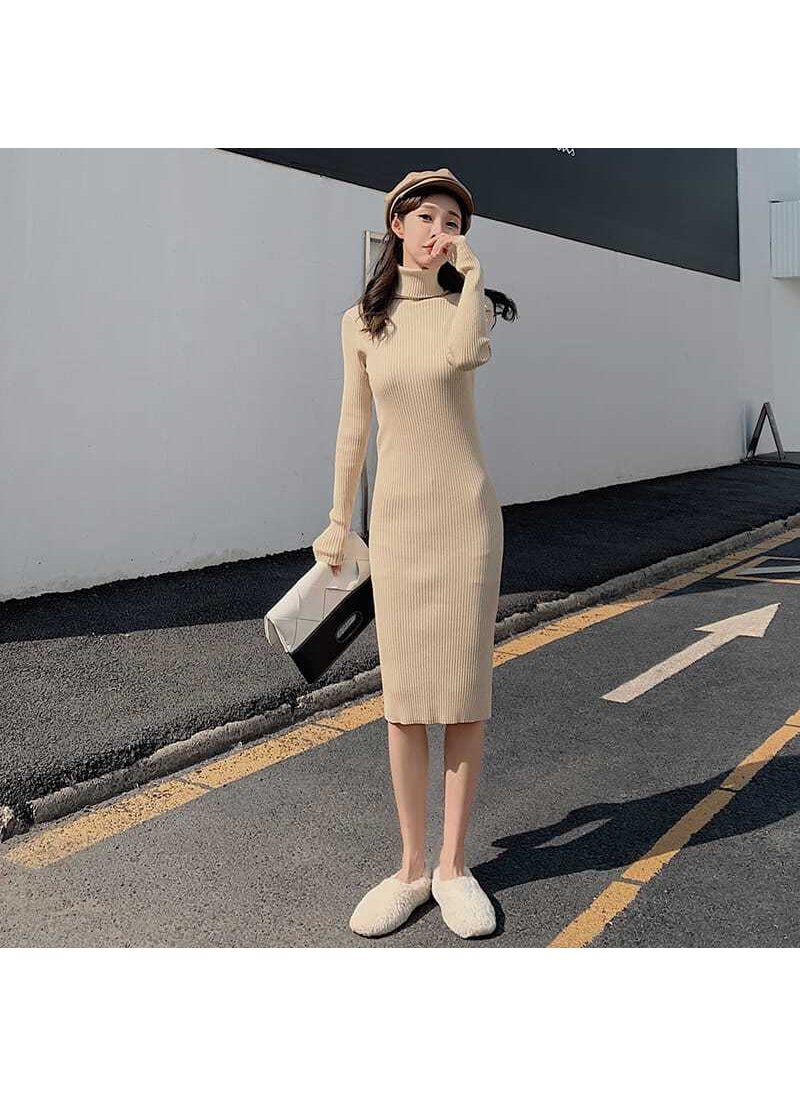 Generic High Collar Long Sleeve Knitted Dress Women Autumn Winter Slimming Inner Wear Thickened Sweater Base Layer Thermal Underwear Apricot  - Image 1