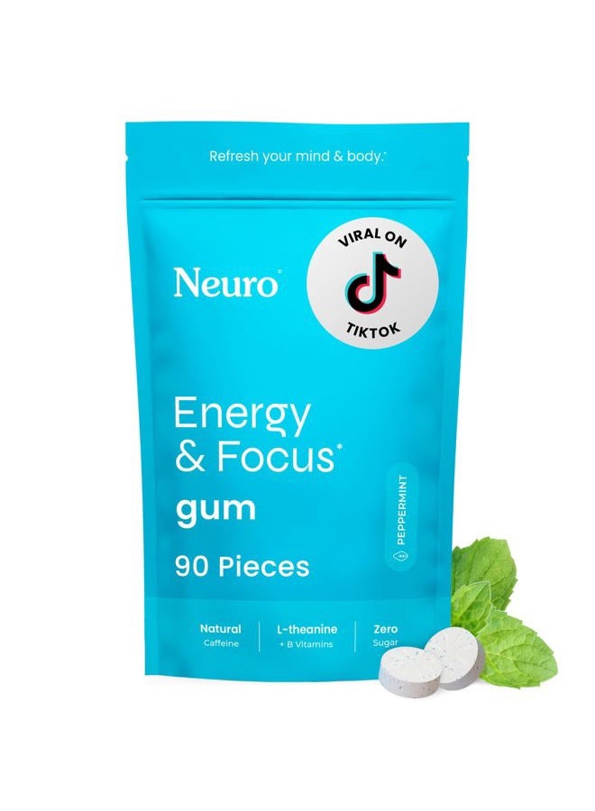 Neuro Gum Energy Caffeine Gum (90 Pieces) - Sugar Free with L-theanine + Natural Caffeine + Vitamin B12 & B6 - Nootropic Energy & Focus Supplement for Women & Men - Keto & Vegan, Peppermint Flavor - Image 1