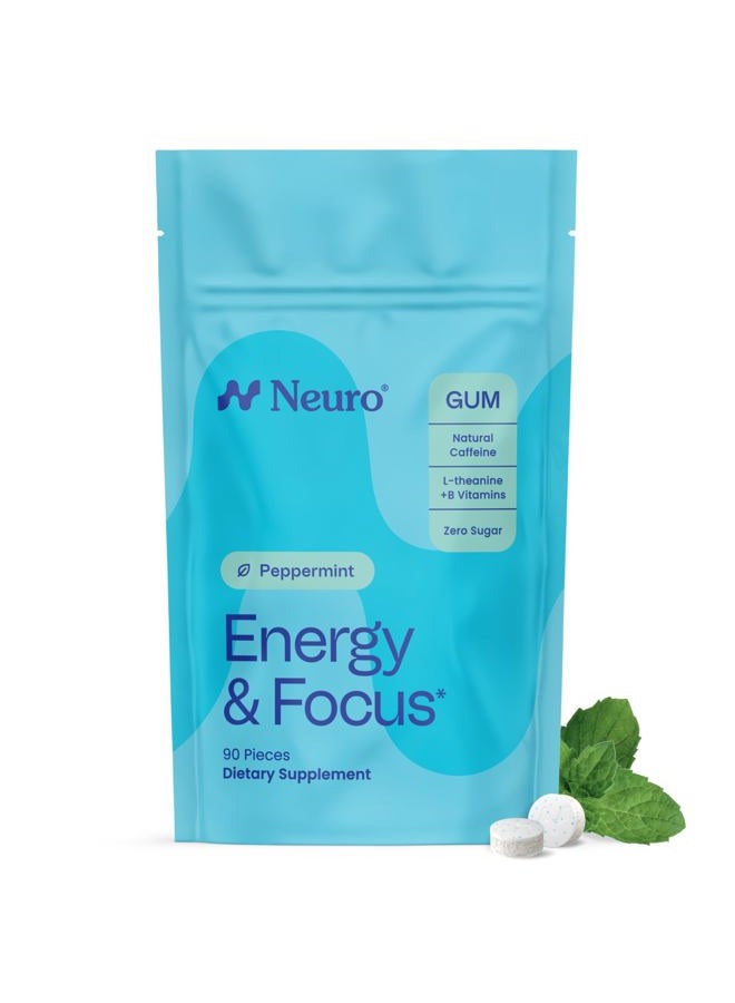 Neuro علكة الطاقة كافيين (90 قطعة) - خالية من السكر مع L-theanine + كافيين طبيعي + فيتامين B12 و B6 - مكمل طاقة وتركيز نوتروبيك للنساء والرجال - كيتو ونباتي، بنكهة النعناع - Image 1