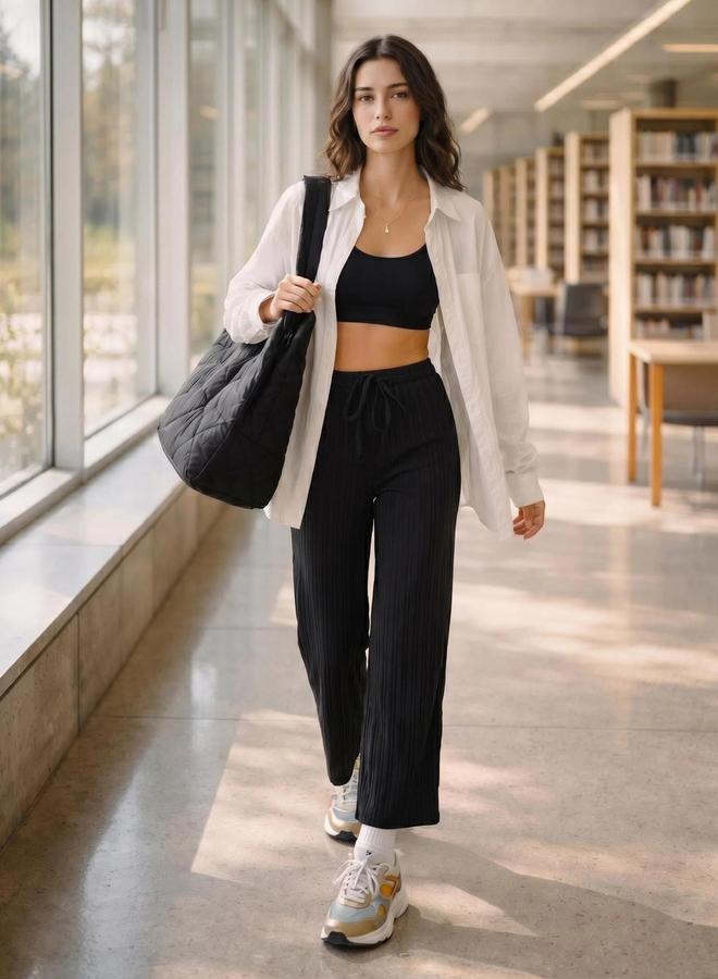 Take Two Textured Wide Leg Pants With Drawstring - Image 1